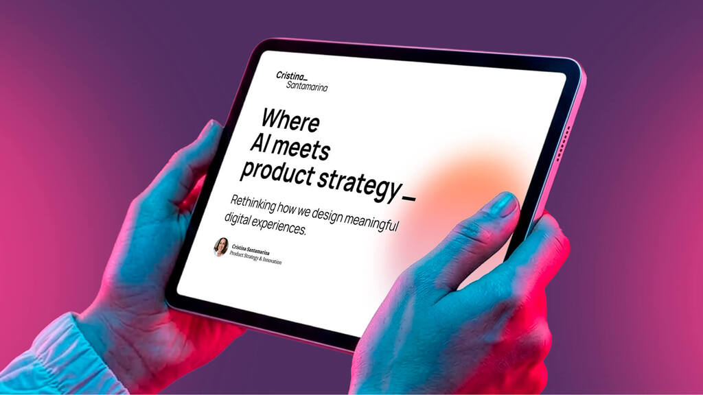 Tablet showing the Cristina Santamarina website: Where AI meets product strategy